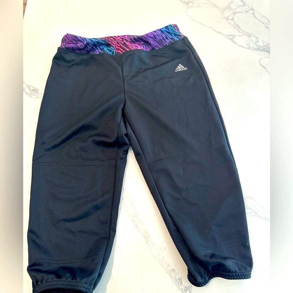 Girl’s Adidas Climate Crop Leggings. Black with scribble lines on waistband
